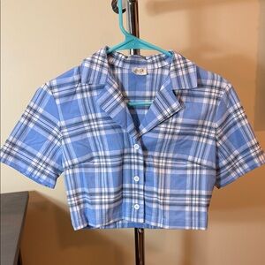 John Galt cropped Blue and White Plaid Button Down Shirt